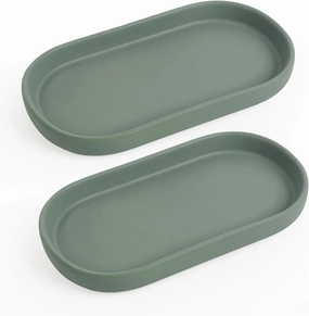 Ceramic Jewelry Dish Set of 2 – Oval Trinket Holder for Vanity, Perfume, Keys, Rings, Watch, Dish Soap, Kitchen & Bathroom Counter – Matte Green