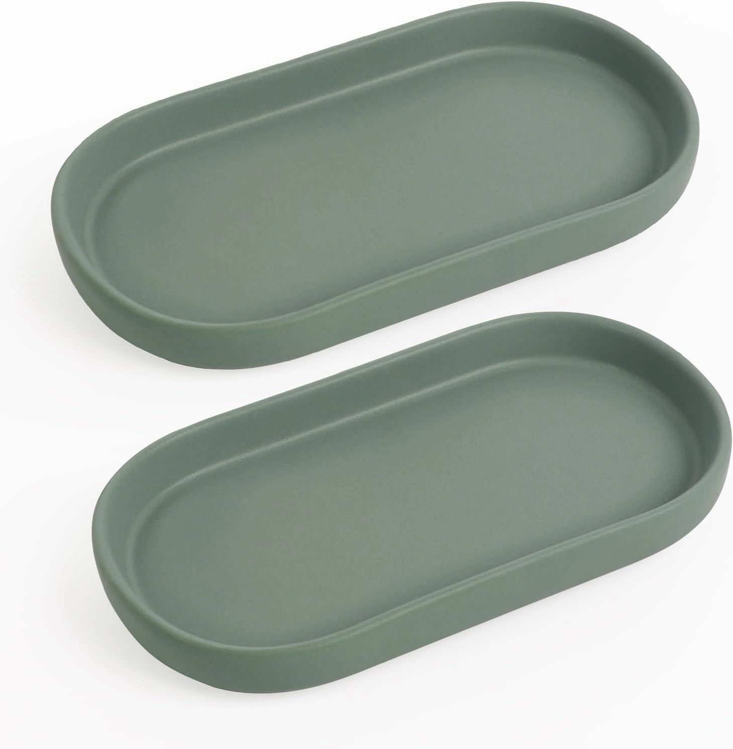 Ceramic Jewelry Dish Set of 2 – Oval Trinket Holder for Vanity, Perfume, Keys, Rings, Watch, Dish Soap, Kitchen & Bathroom Counter – Matte Green