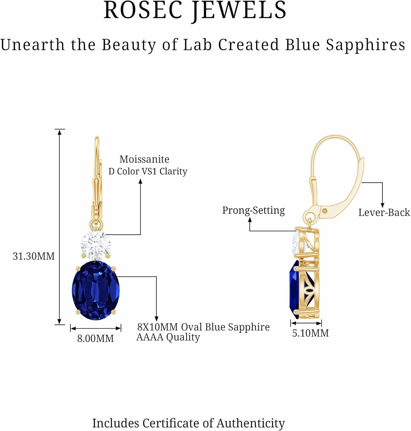 Certified Lab Grown Blue Sapphire Drop Earrings, AAAA Quality 8X10mm Oval Sapphire Dangle Earrings (Ready to Gift)