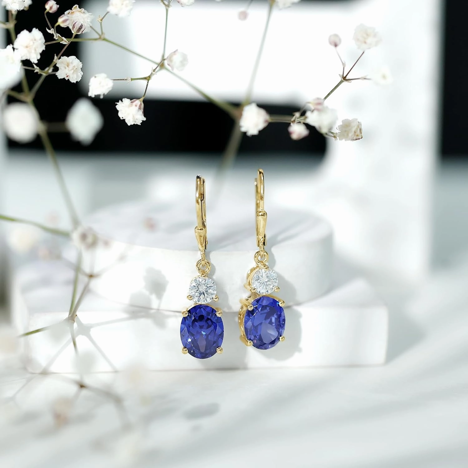 Certified Lab Grown Blue Sapphire Drop Earrings, AAAA Quality 8X10mm Oval Sapphire Dangle Earrings (Ready to Gift)