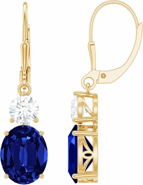 Certified Lab Grown Blue Sapphire Drop Earrings, AAAA Quality 8X10mm Oval Sapphire Dangle Earrings (Ready to Gift)