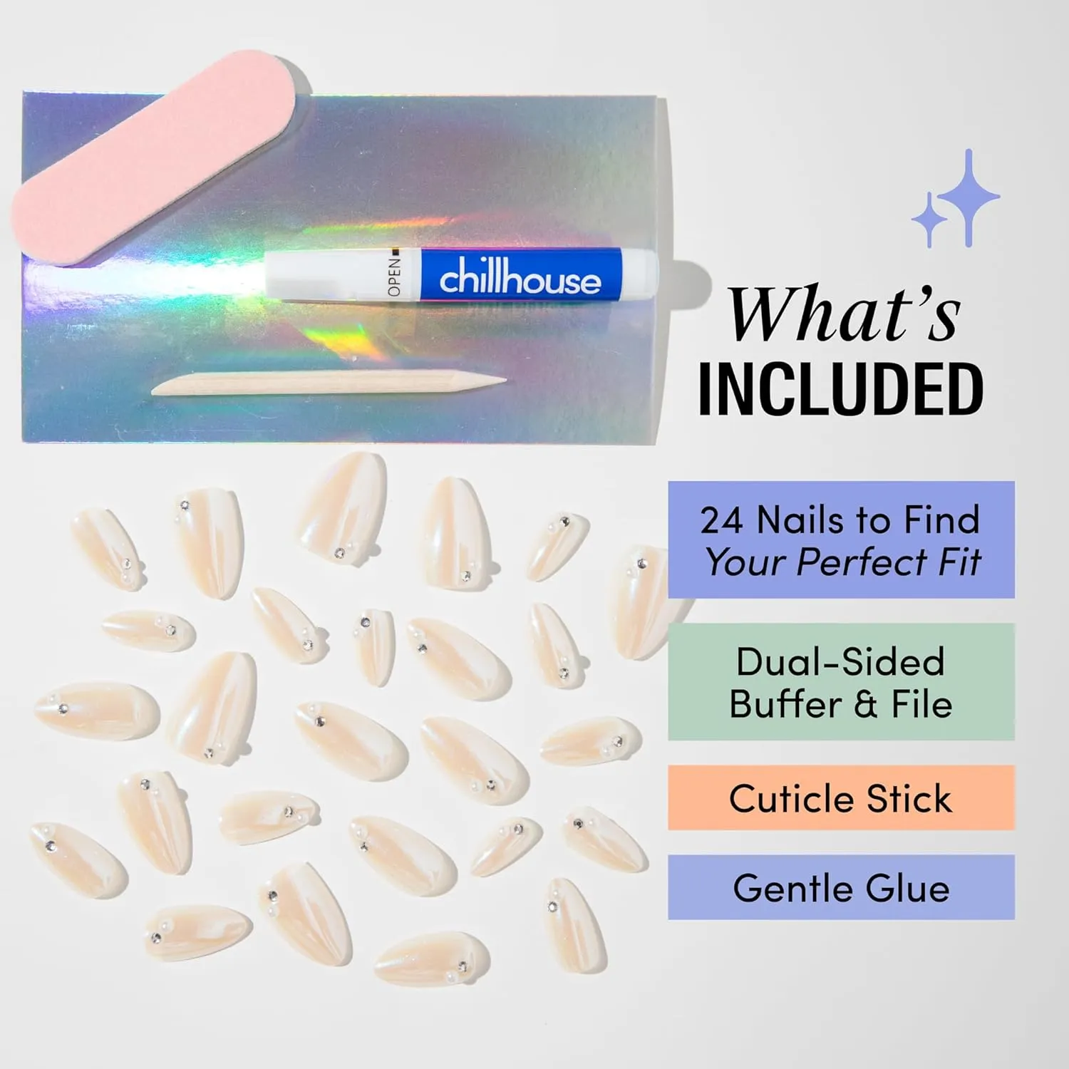 Chillhouse - Chill Tips, Press on Nails Kit - Glass Castle (Oval) - 24 Nail Shapes & Sizes - Up to 3 Weeks of Wear - Customizable Fit - Reusable - Latina Founded & Women Owned - Beauty & Self Care