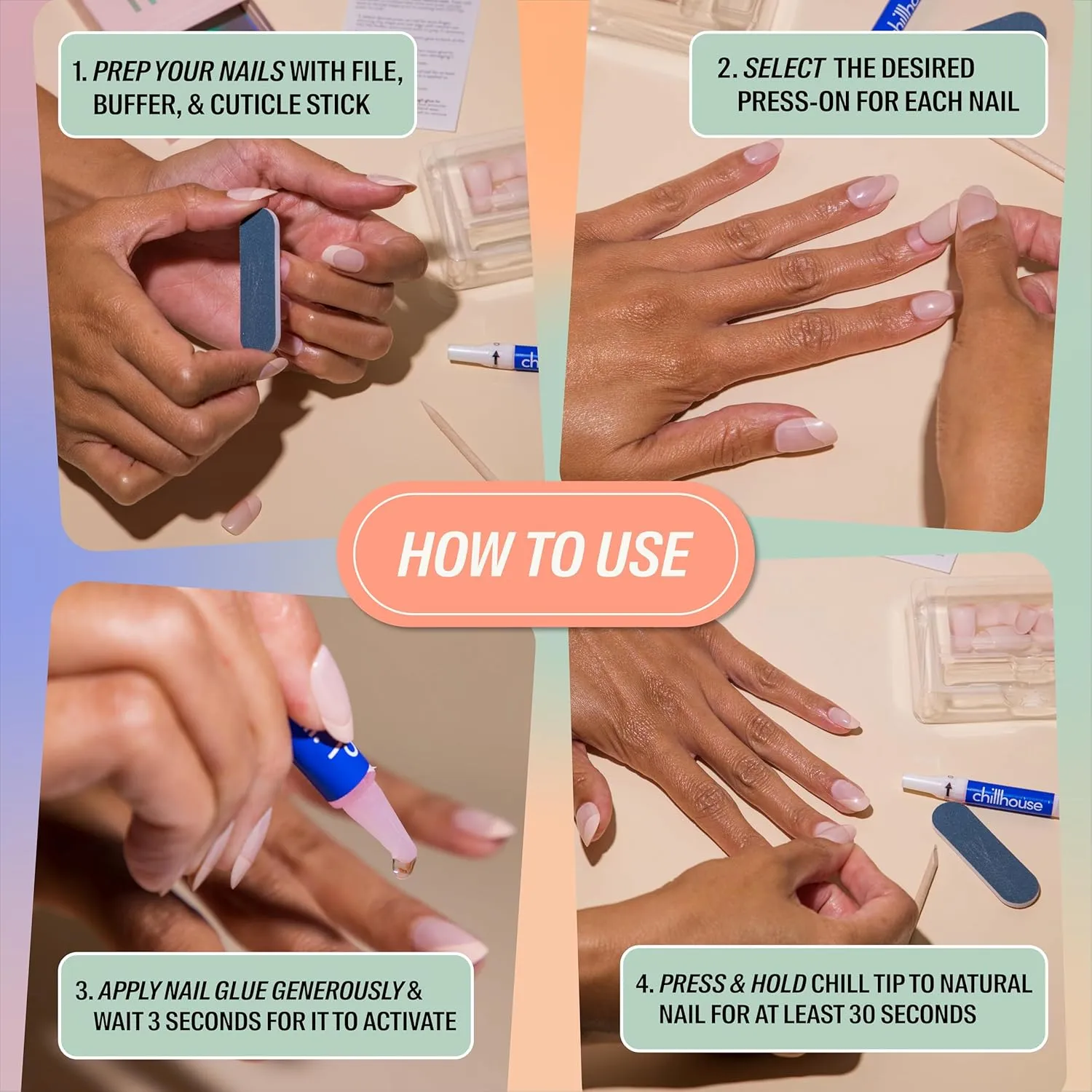 Chillhouse - Chill Tips, Press on Nails Kit - Glass Castle (Oval) - 24 Nail Shapes & Sizes - Up to 3 Weeks of Wear - Customizable Fit - Reusable - Latina Founded & Women Owned - Beauty & Self Care