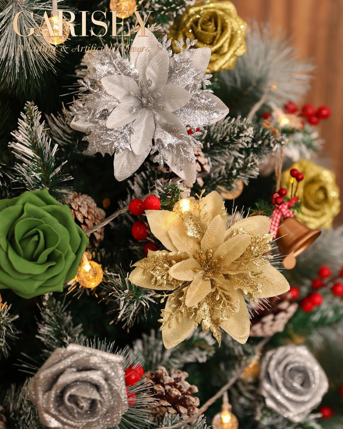 Christmas Artificial Flowers Poinsettia Christmas Flower Mix Silk Flowers Fake Roses with Stems for DIY Table Centerpieces Christmas Tree Xmas Wreath Holiday Home Party Decor