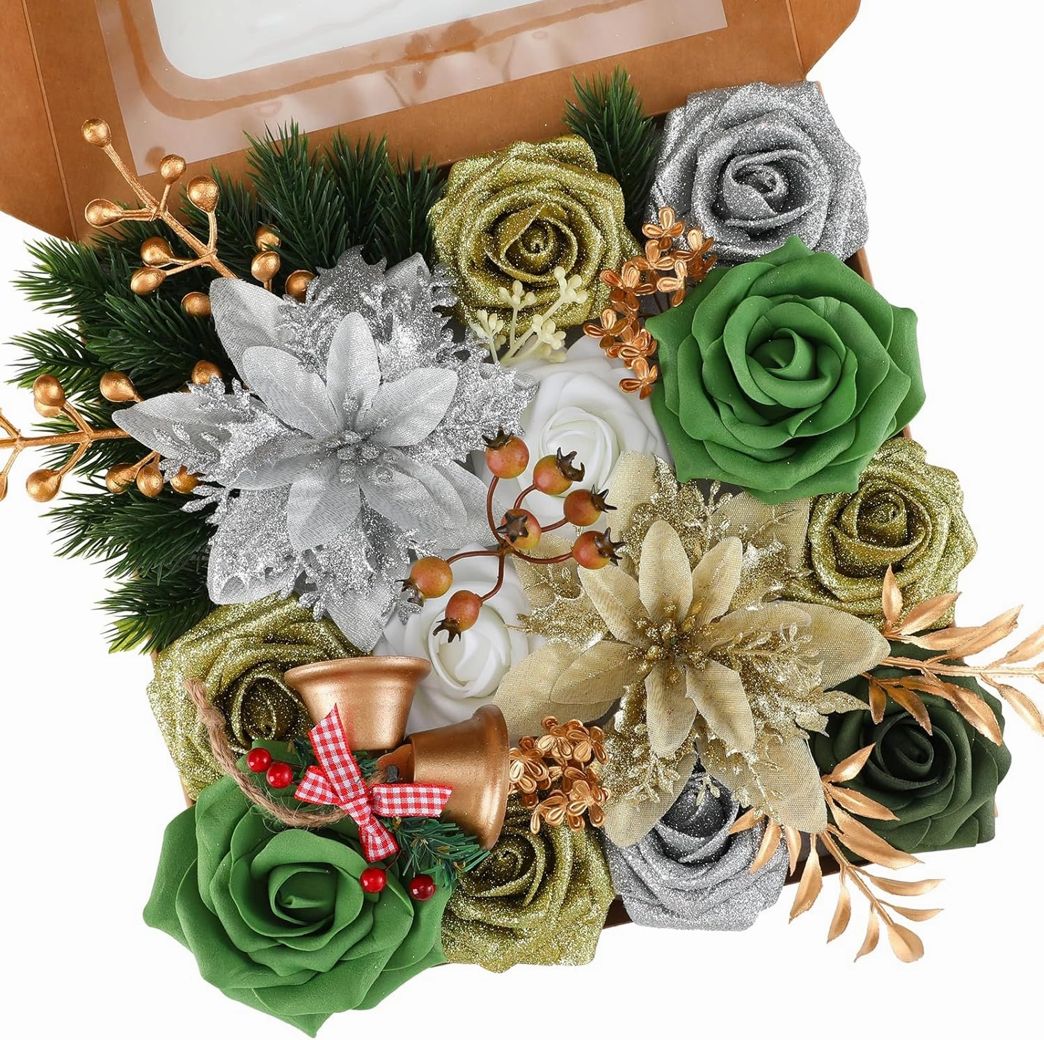 Christmas Artificial Flowers Poinsettia Christmas Flower Mix Silk Flowers Fake Roses with Stems for DIY Table Centerpieces Christmas Tree Xmas Wreath Holiday Home Party Decor