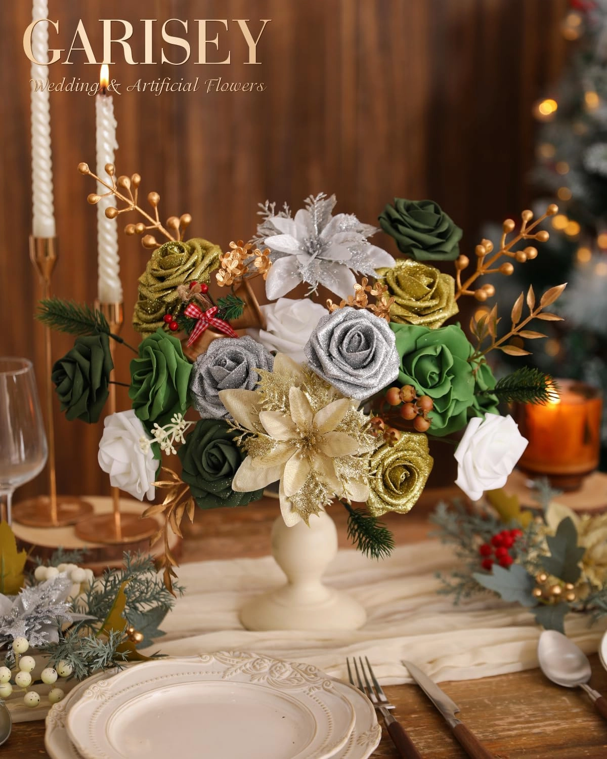 Christmas Artificial Flowers Poinsettia Christmas Flower Mix Silk Flowers Fake Roses with Stems for DIY Table Centerpieces Christmas Tree Xmas Wreath Holiday Home Party Decor