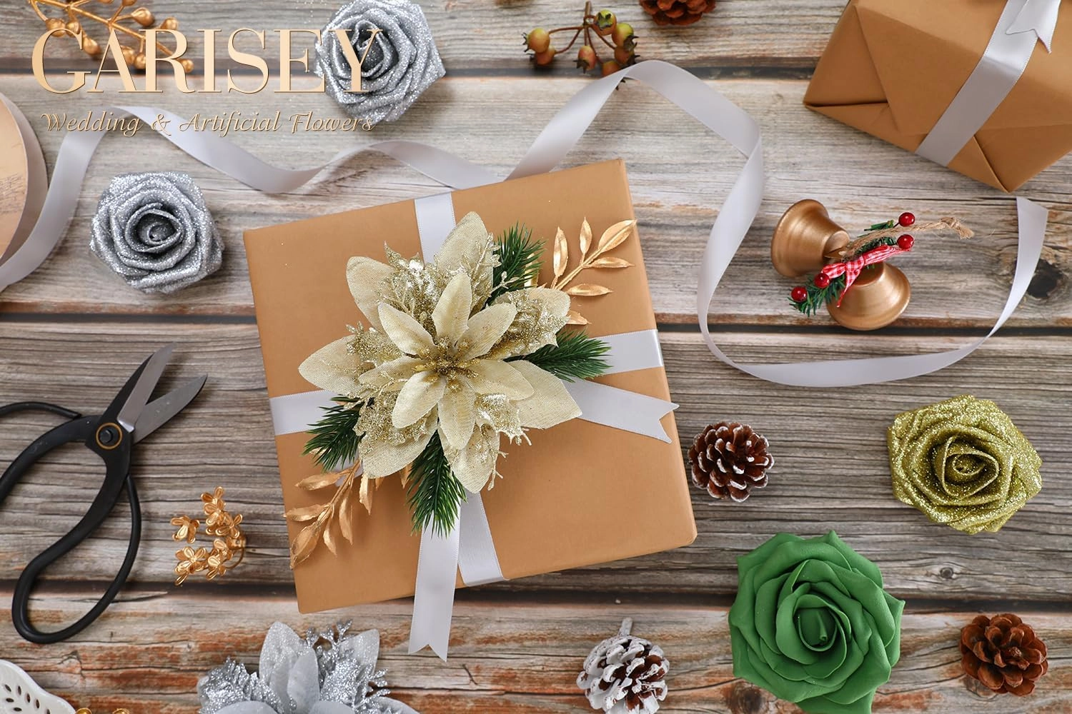 Christmas Artificial Flowers Poinsettia Christmas Flower Mix Silk Flowers Fake Roses with Stems for DIY Table Centerpieces Christmas Tree Xmas Wreath Holiday Home Party Decor