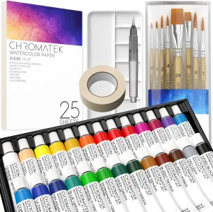 CHROMATEK Watercolor Paint Set - 62 Piece Kit for Adults, Beginner & Professional Artists - 26 Tubes (12ml), 25 Pages Sketch Pad, 8 Painting Brushes, Aquapen, Palette, Masking Tape - Art Supplies
