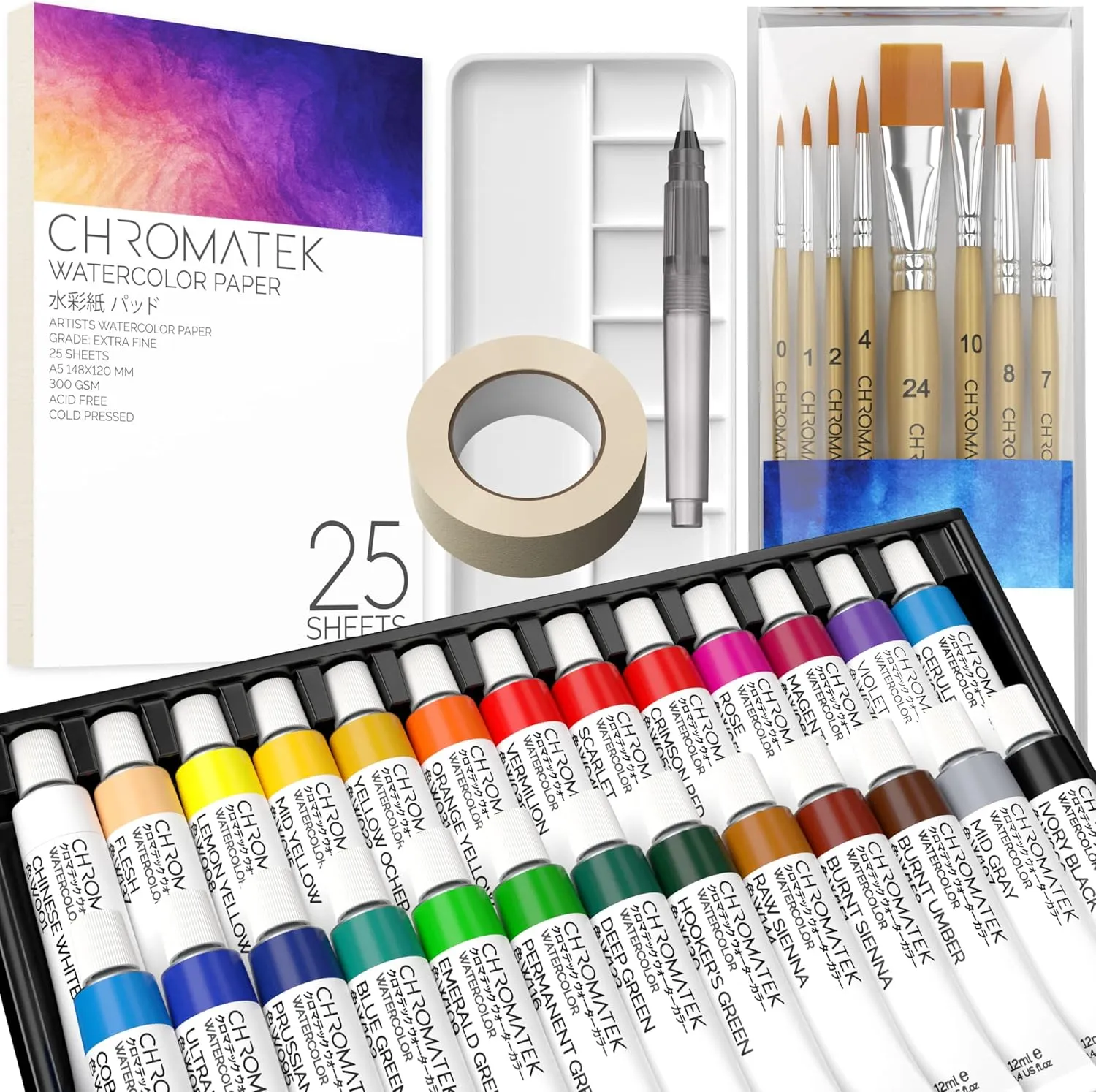 CHROMATEK Watercolor Paint Set - 62 Piece Kit for Adults, Beginner & Professional Artists - 26 Tubes (12ml), 25 Pages Sketch Pad, 8 Painting Brushes, Aquapen, Palette, Masking Tape - Art Supplies