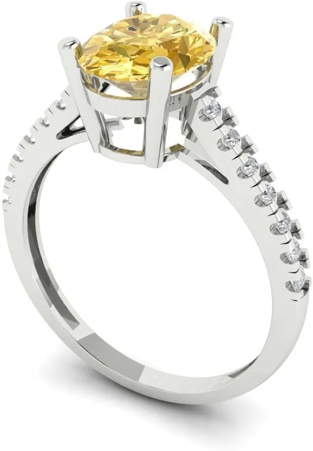 Clara Pucci 2.71ct Oval Cut Solitaire Canary Yellow Simulated Diamond Designer Anniversary Bridal Engagement Ring Real 14k White Gold