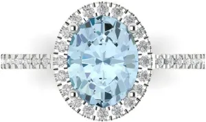 Clara Pucci 3.42ct Oval Cut Solitaire W/accent Halo Sky Blue Aquamarine Designer Wedding Bridal art deco Anniversary Ring 14k White Gold