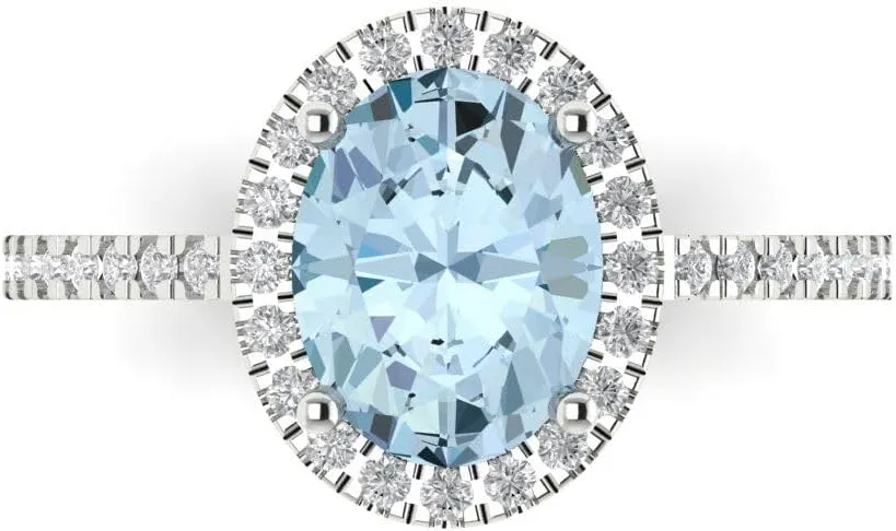 Clara Pucci 3.42ct Oval Cut Solitaire W/accent Halo Sky Blue Aquamarine Designer Wedding Bridal art deco Anniversary Ring 14k White Gold