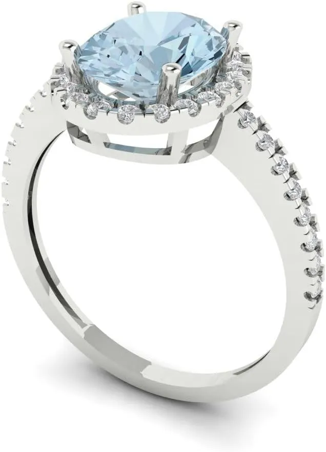 Clara Pucci 3.42ct Oval Cut Solitaire W/accent Halo Sky Blue Aquamarine Designer Wedding Bridal art deco Anniversary Ring 14k White Gold