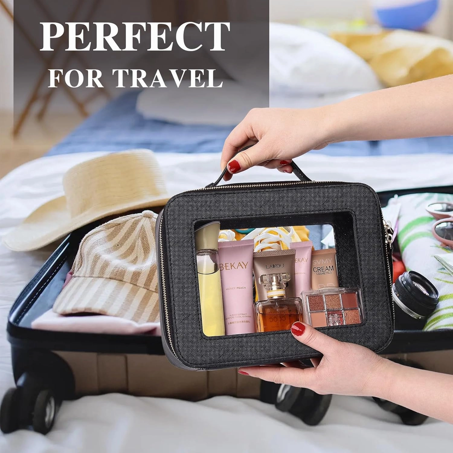Clear Makeup Bag for Women Waterproof Travel Cosmetics and Toiletries Case Portable Makeup Oaganizer Bag Clear Car Bag with Zipper (Black, L-1)