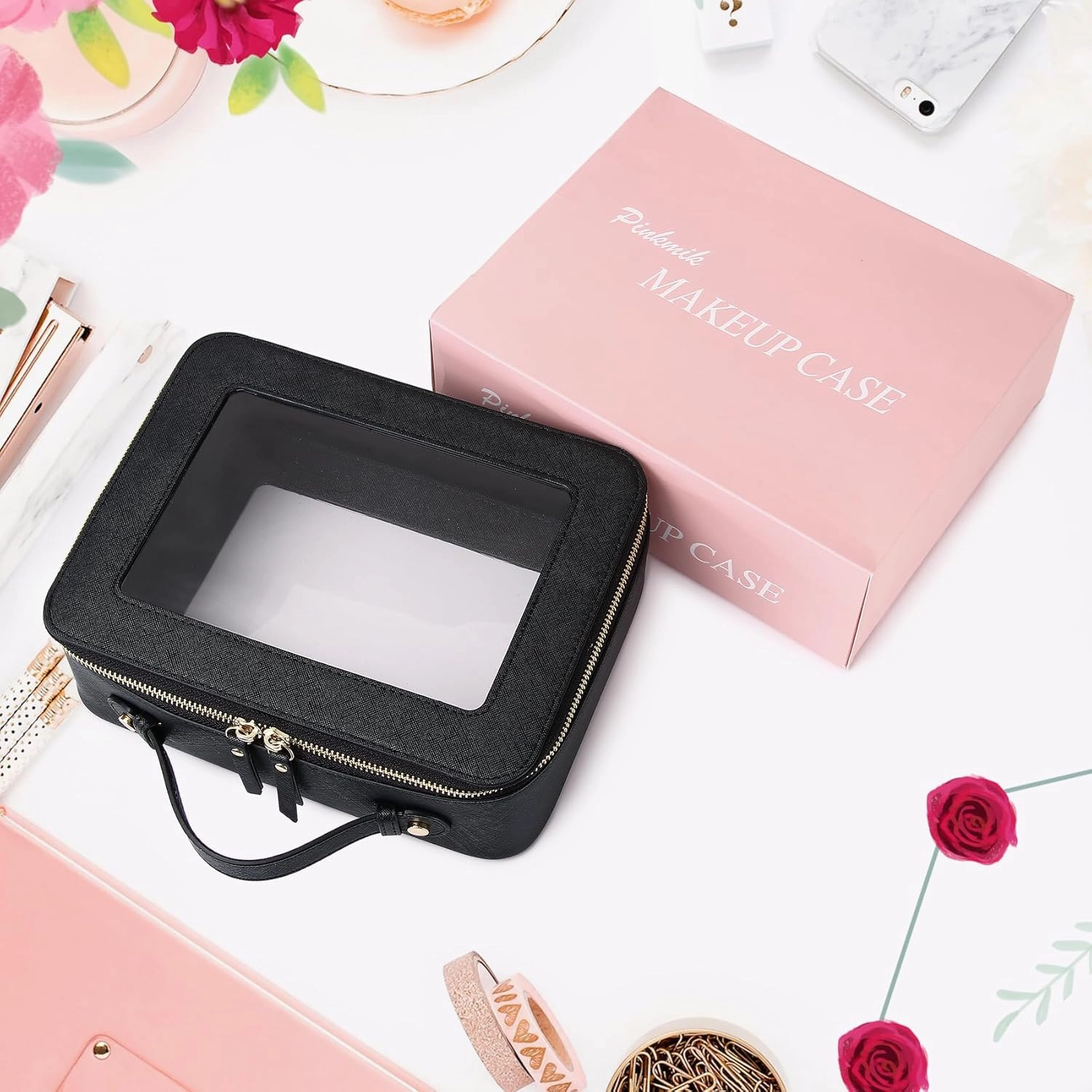 Clear Makeup Bag for Women Waterproof Travel Cosmetics and Toiletries Case Portable Makeup Oaganizer Bag Clear Car Bag with Zipper (Black, L-1)