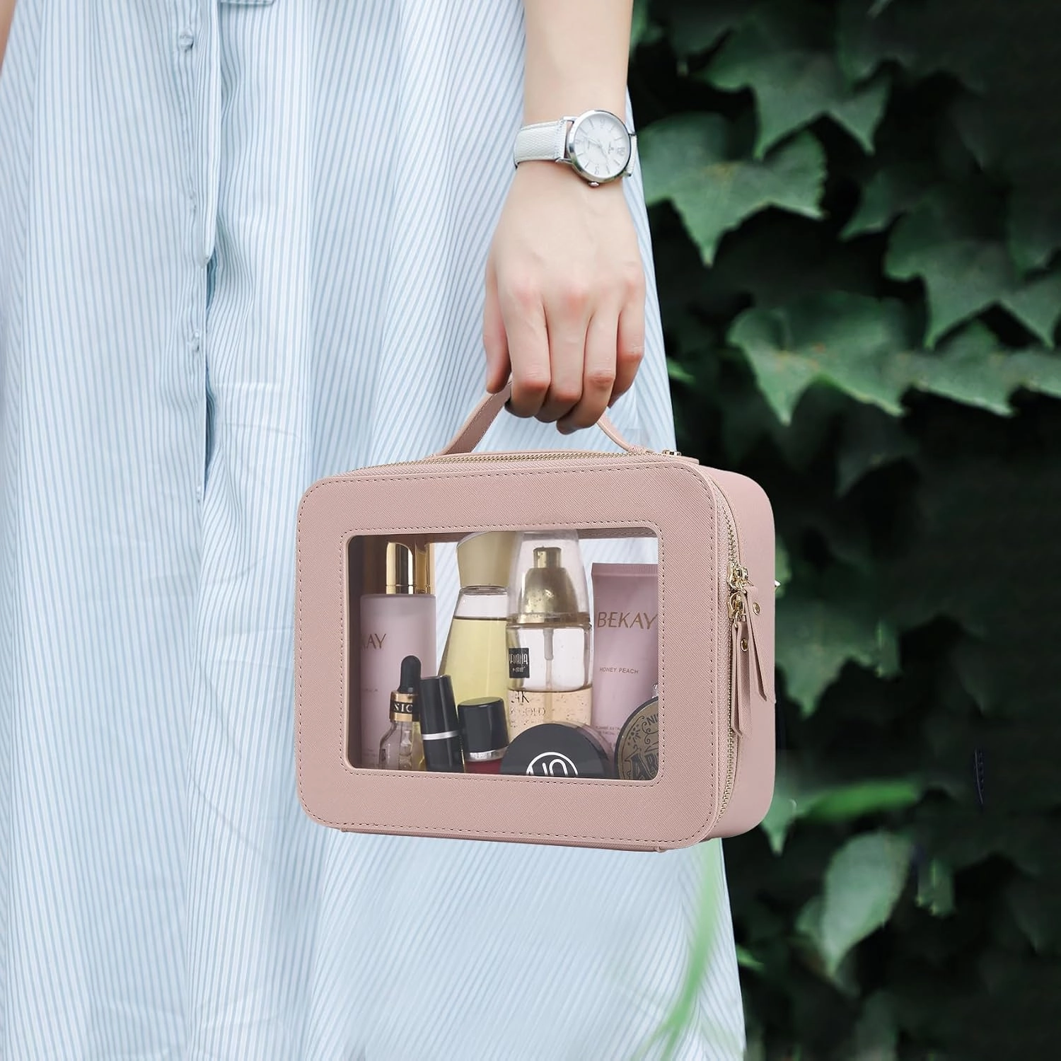 Clear Makeup Bag for Women Waterproof Travel Cosmetics and Toiletries Case Portable Makeup Oaganizer Bag Clear Car Bag with Zipper (Pink, L-1)