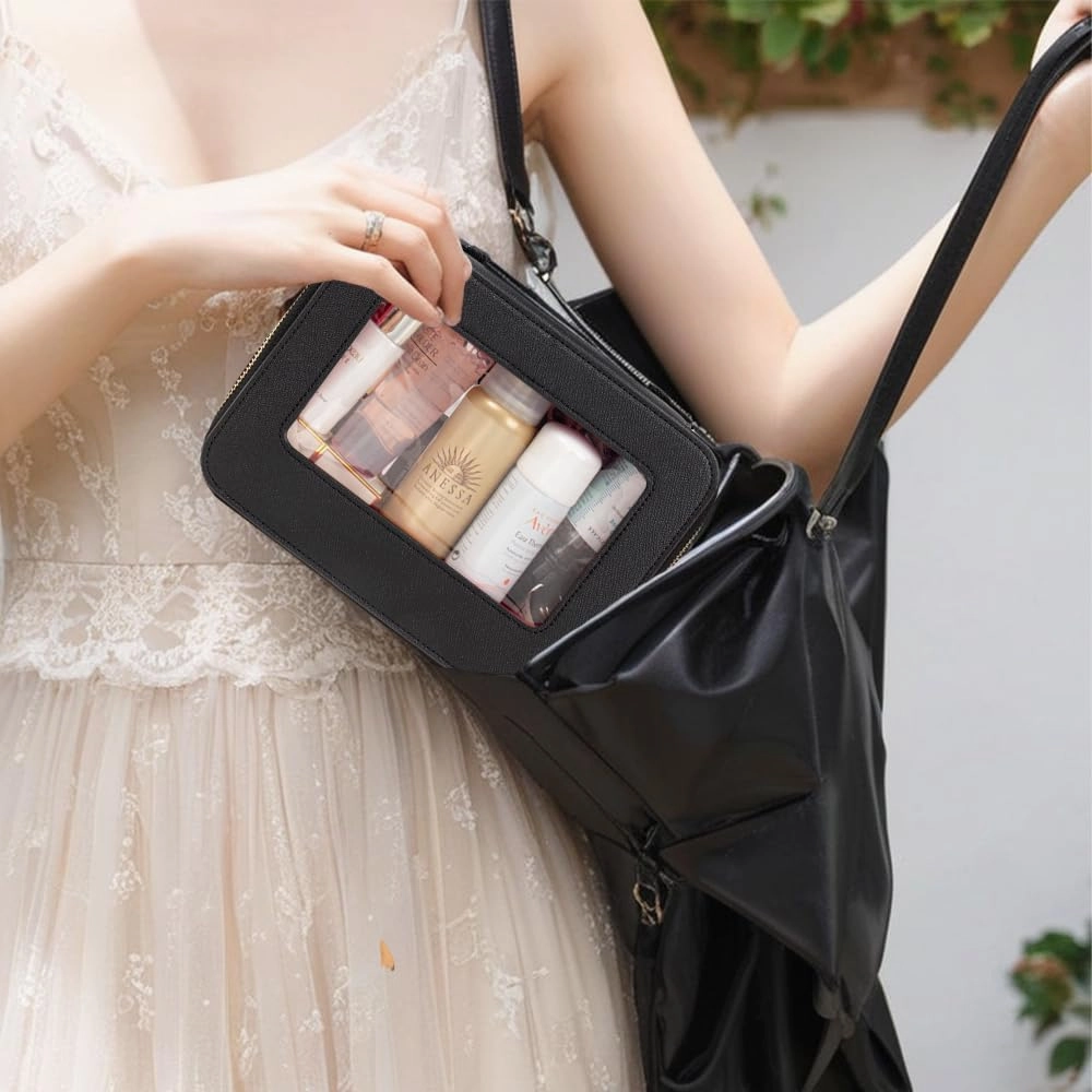 Clear Makeup Bag, Travel Cosmetic Organizer Case Waterproof Skincare Toiletry Bag with Zipper Portable Make Up Pouch Compact Car Organizer Bag for Essentials (Large Black)