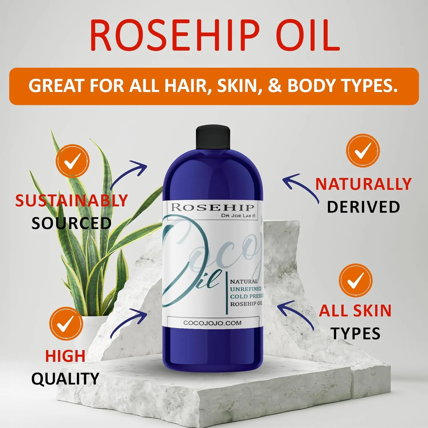 cocojojo Rosehip Oil for Face Cold Pressed Unrefined - Pure Rose Hip Seed Oil 32 oz for Skin, Hair, Massage, Facial - Moisturizing, Soothing, Hydrating, & Nourishing