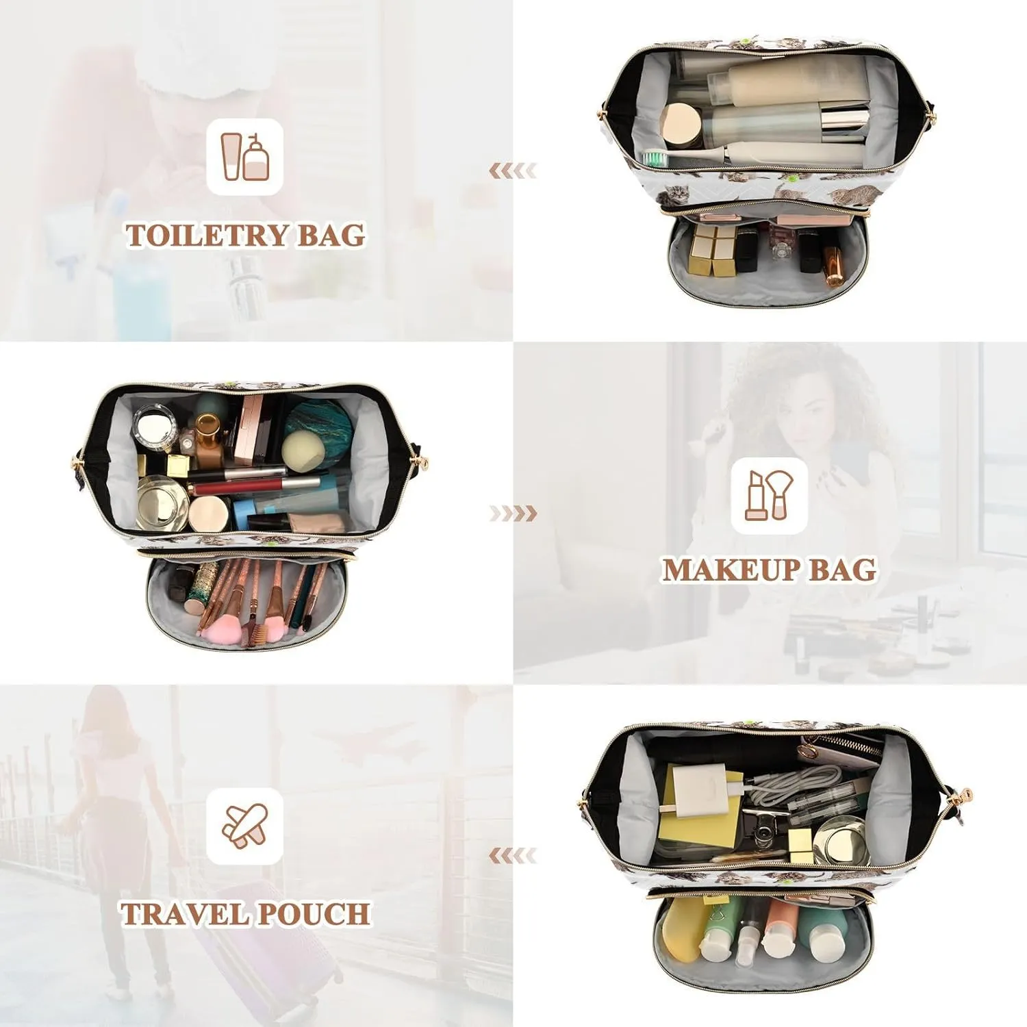 Collection of Funny Playful Cats Kittens Isolated on White Women Cosmetic Bag Makeup Bag Stylish Trip Beauty Bag Travel Toiletry Bag with Bottle Organizer 10.2 x 5.9 x 6.7 inch