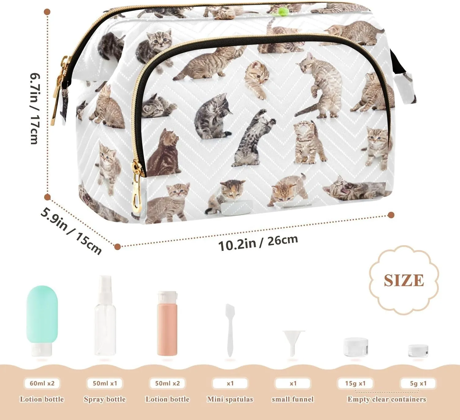 Collection of Funny Playful Cats Kittens Isolated on White Women Cosmetic Bag Makeup Bag Stylish Trip Beauty Bag Travel Toiletry Bag with Bottle Organizer 10.2 x 5.9 x 6.7 inch