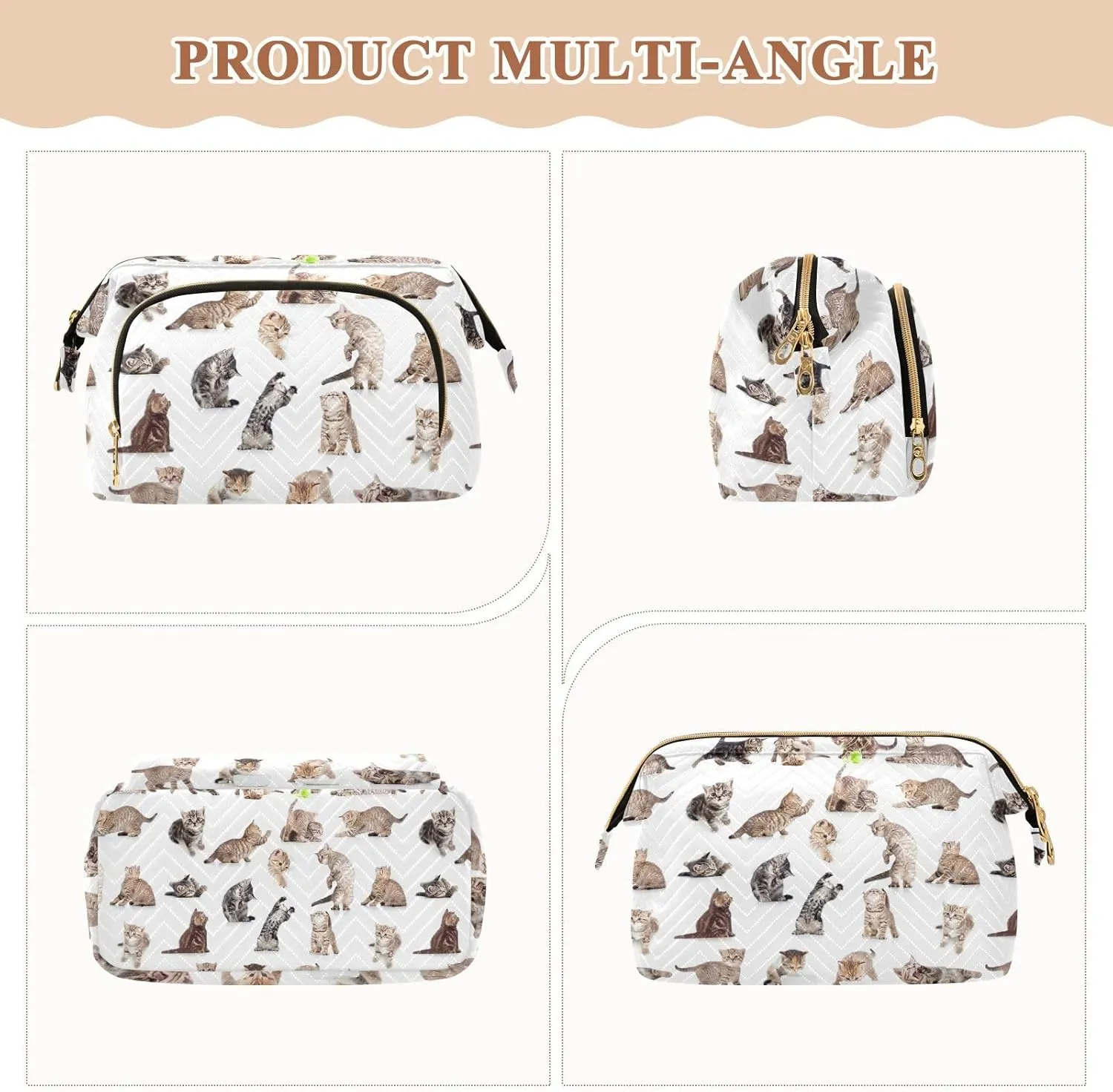 Collection of Funny Playful Cats Kittens Isolated on White Women Cosmetic Bag Makeup Bag Stylish Trip Beauty Bag Travel Toiletry Bag with Bottle Organizer 10.2 x 5.9 x 6.7 inch