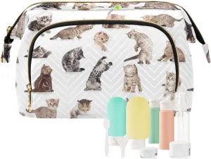 Collection of Funny Playful Cats Kittens Isolated on White Women Cosmetic Bag Makeup Bag Stylish Trip Beauty Bag Travel Toiletry Bag with Bottle Organizer 10.2 x 5.9 x 6.7 inch