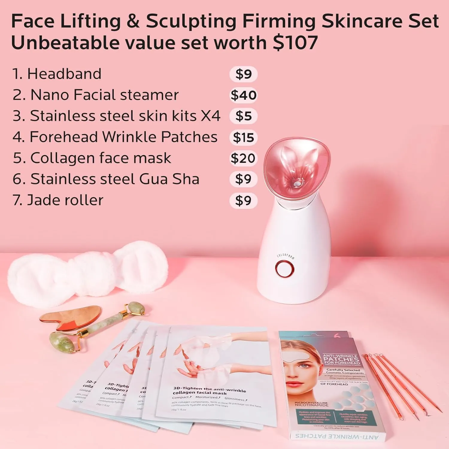 Colorfarm Facial Steamer Skin Care Kit: Face Steamer Home Spa Deep Cleaning Unclogs Pores with 6 Skin Care Tools - Relaxing Self Care Gifts for Women (Face Lifting & Sculpting Firming Skincare Set)