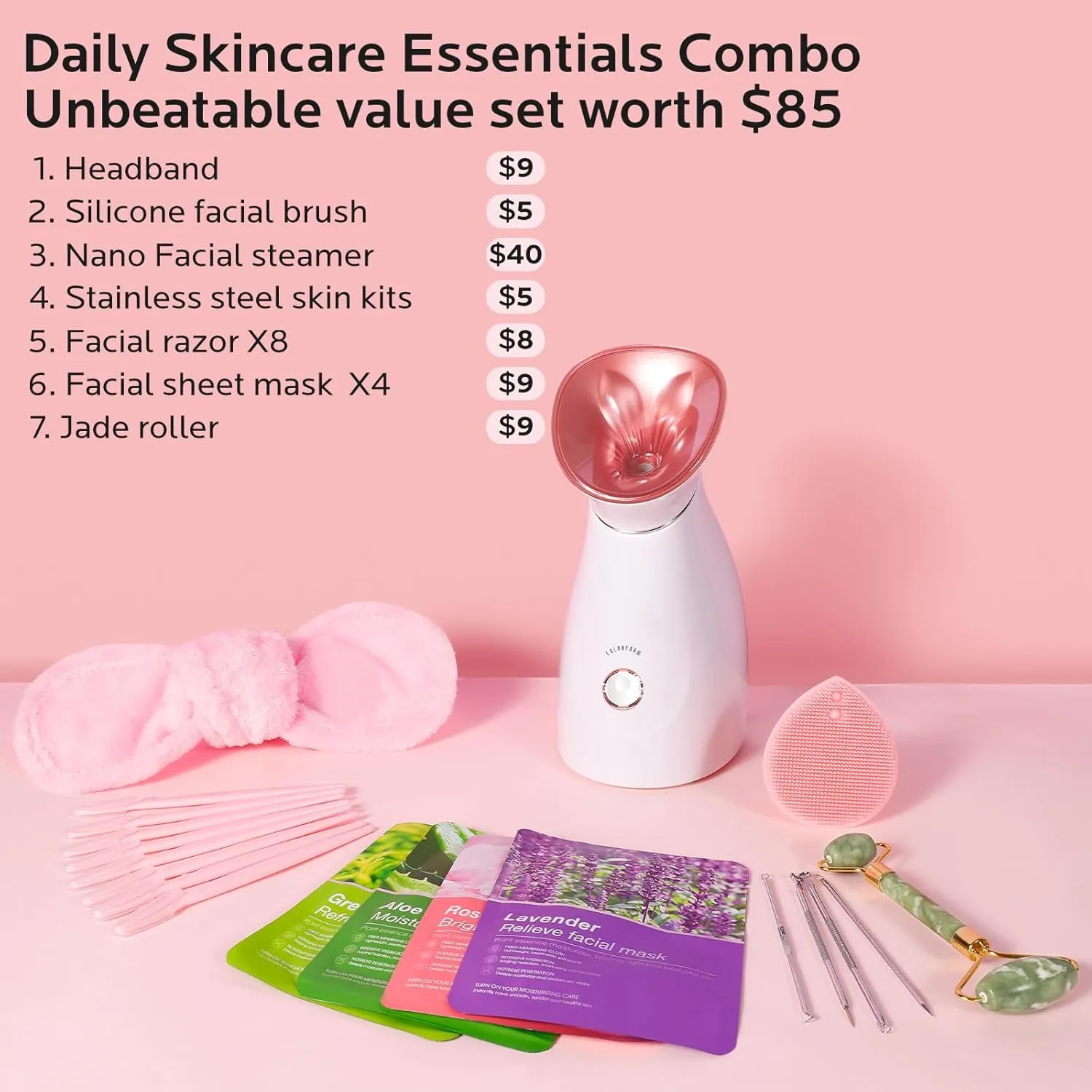 Colorfarm Facial Steamer Skin Care Set: Face Steamer Home Spa Kit Deep Cleaning Unclogs Pores with 6 Skin Care Tools - Spa Relaxing Self Care Gifts for Women (Daily Skincare Essentials Combo)