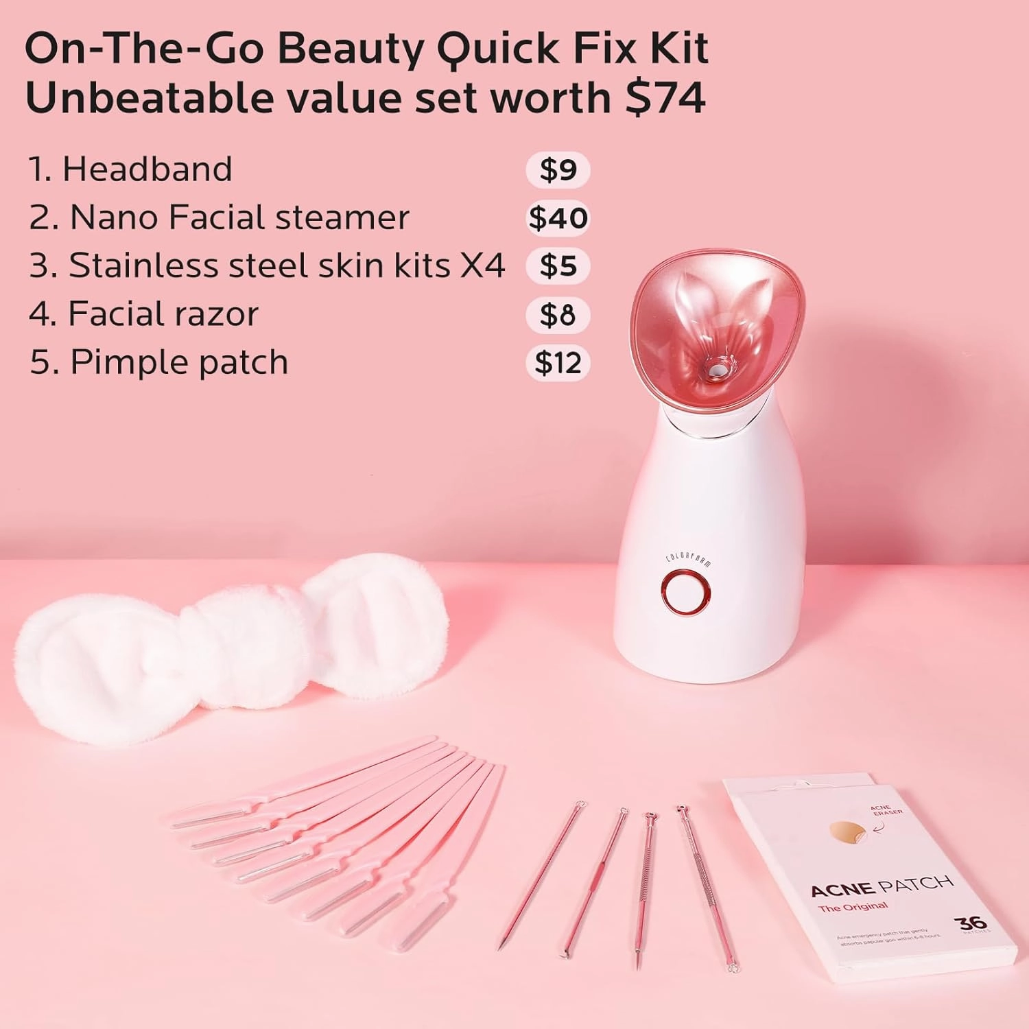 Colorfarm Facial Steamer Skin Care Kit: Face Steamer Home Spa Deep Cleaning Unclogs Pores with 4 Skin Care Tools - Relaxing Self Care Skincare Beauty Gifts for Women (On-The-Go Beauty Quick Fix Kit)