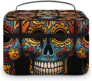Colorful Sugar Skulls Makeup Bag, Cosmetic Organizer Case Large Portable Capacity Make Up Bags Women Travel Toiletry Bags with Handle And Divider