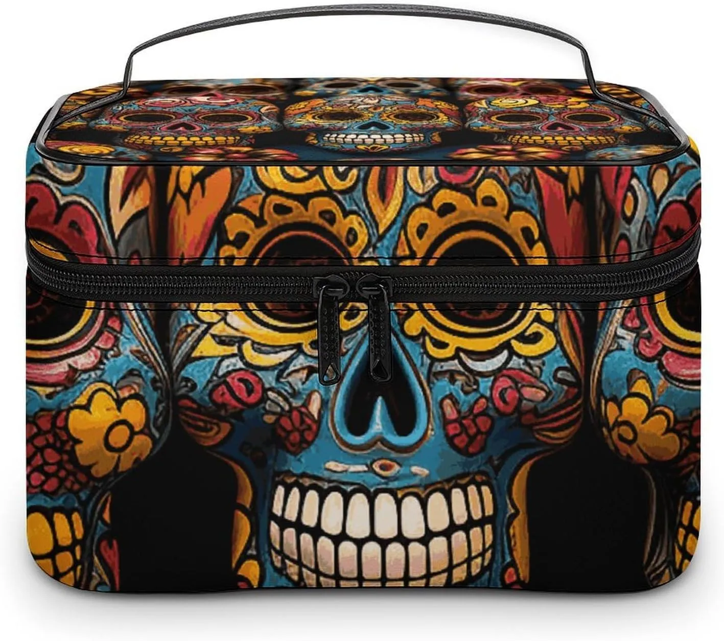 Colorful Sugar Skulls Makeup Bag, Cosmetic Organizer Case Large Portable Capacity Make Up Bags Women Travel Toiletry Bags with Handle And Divider