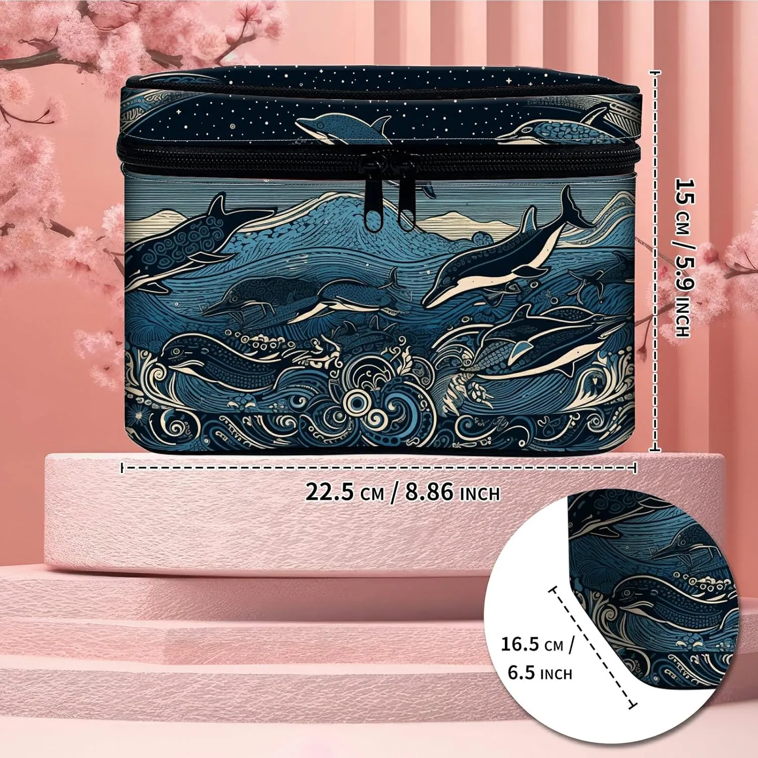 Cosmetic Bags for Women with Dividers, Makeup Bags Travel Bag with Handle Designs, Large Capacity Wash Bag Portable Cosmetic Organizer Storage Case for Ladies Accessories, Ocean Wave Fish