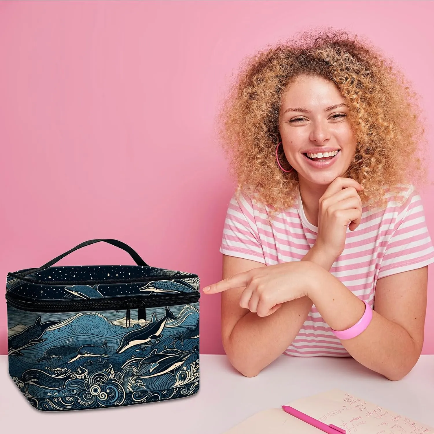 Cosmetic Bags for Women with Dividers, Makeup Bags Travel Bag with Handle Designs, Large Capacity Wash Bag Portable Cosmetic Organizer Storage Case for Ladies Accessories, Ocean Wave Fish
