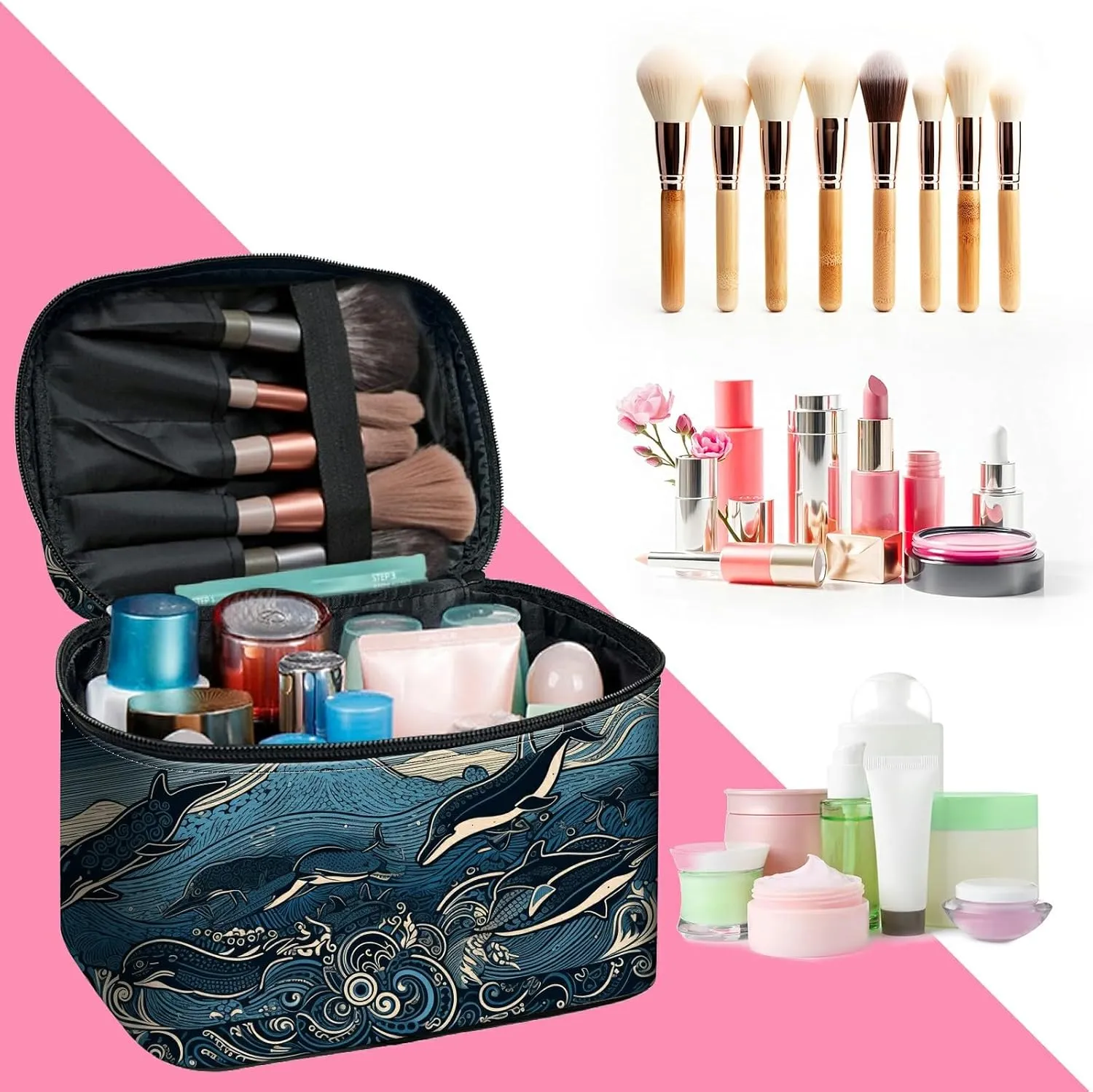 Cosmetic Bags for Women with Dividers, Makeup Bags Travel Bag with Handle Designs, Large Capacity Wash Bag Portable Cosmetic Organizer Storage Case for Ladies Accessories, Ocean Wave Fish
