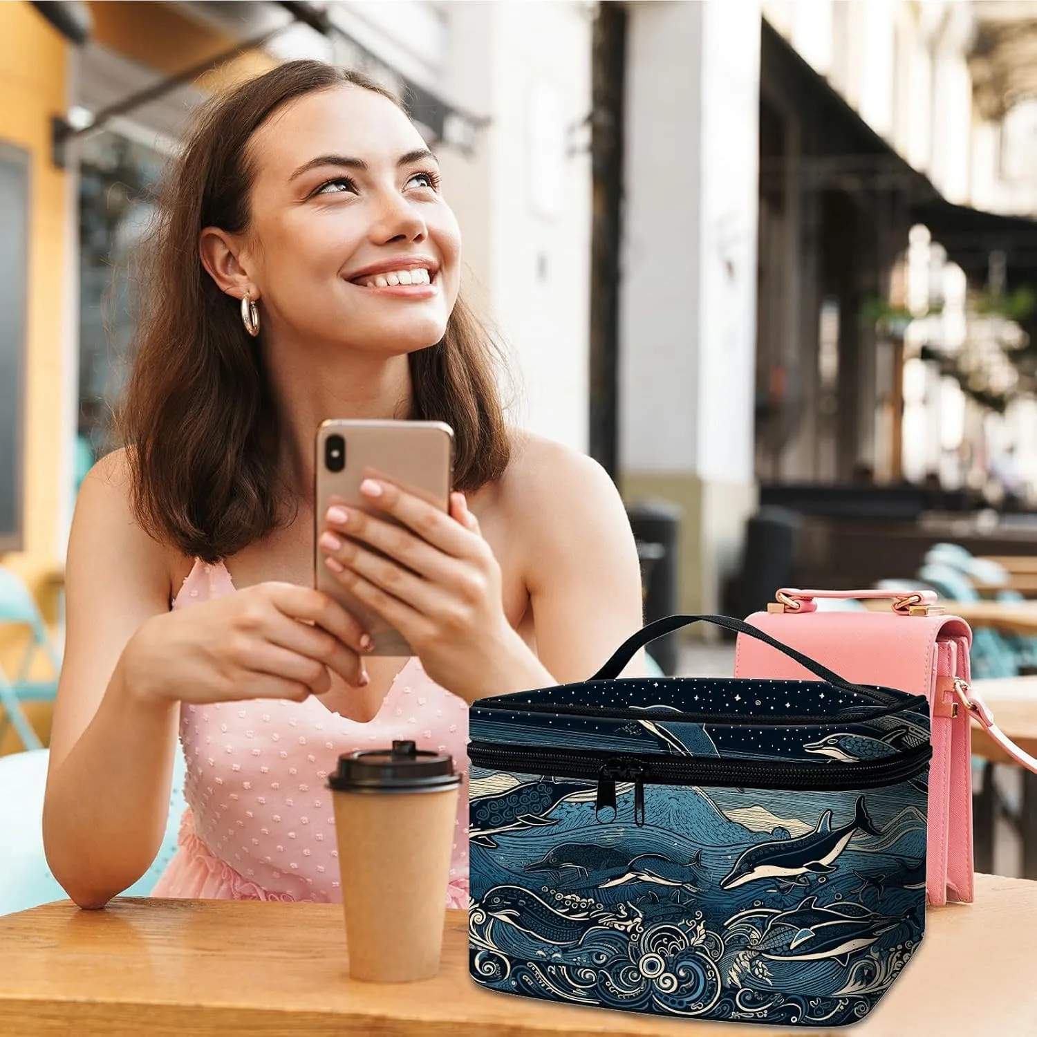 Cosmetic Bags for Women with Dividers, Makeup Bags Travel Bag with Handle Designs, Large Capacity Wash Bag Portable Cosmetic Organizer Storage Case for Ladies Accessories, Ocean Wave Fish