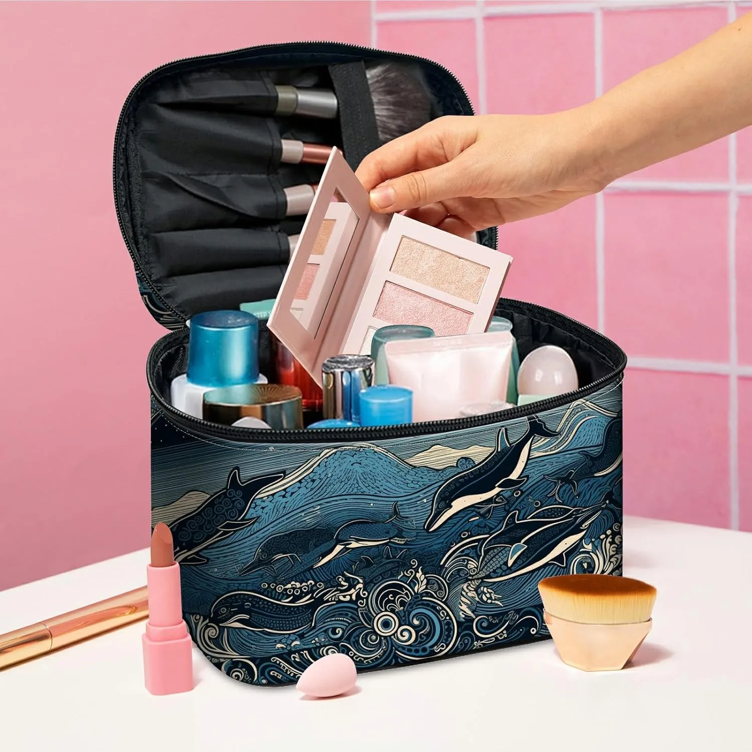 Cosmetic Bags for Women with Dividers, Makeup Bags Travel Bag with Handle Designs, Large Capacity Wash Bag Portable Cosmetic Organizer Storage Case for Ladies Accessories, Ocean Wave Fish