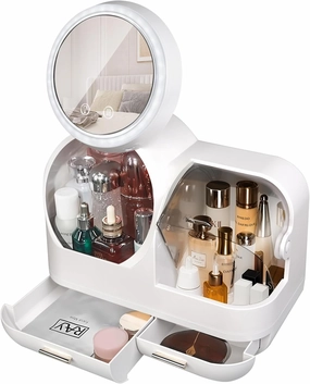 Cosmetic Display Cases Skin Care Organizer Makeup Storage Organizer Box with Mirror Cosmetic Display Case with Touch Screen LED Light Anti Dust and Waterproof Skin Care Organizer White
