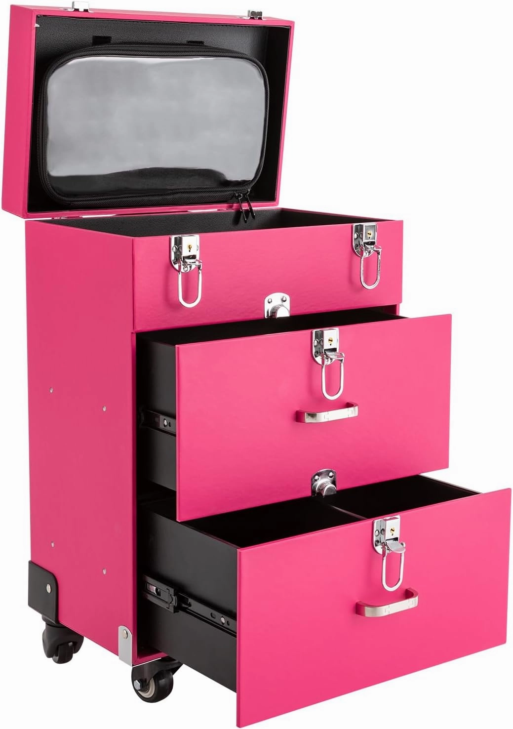 Cosmetic Train Case, Rolling Makeup Trolley Case, Large Capacity Storage Case, Organizer with Wheels, Nail Polish Organizer for Professional Makeup Artist, Hairdresser (pink)