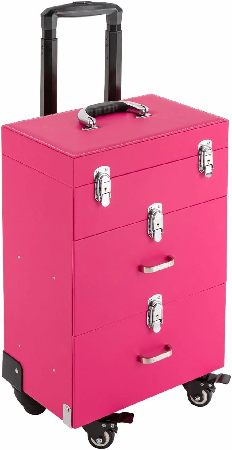 Cosmetic Train Case, Rolling Makeup Trolley Case, Large Capacity Storage Case, Organizer with Wheels, Nail Polish Organizer for Professional Makeup Artist, Hairdresser (pink)