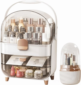 Cosmetics Organizer Set with Brush Holder - Oval Makeup Box with Drawers, Cosmetic Display Cases for Countertop, Egg Shaped Makeup Organizers for Vanity, Teen Girl Gifts, White & Gold