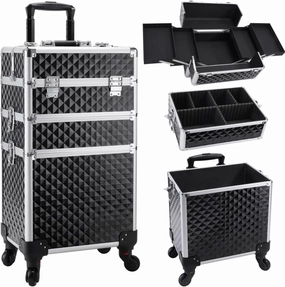 Cosmetology Case on Wheels 3 in 1 Rolling Makeup Train Case Nail Tech Makeup Organizers Storage Cart Cosmetic Trolley Travel Barber Suitcase for Make up Artist Manicure Hair Lockable, Black