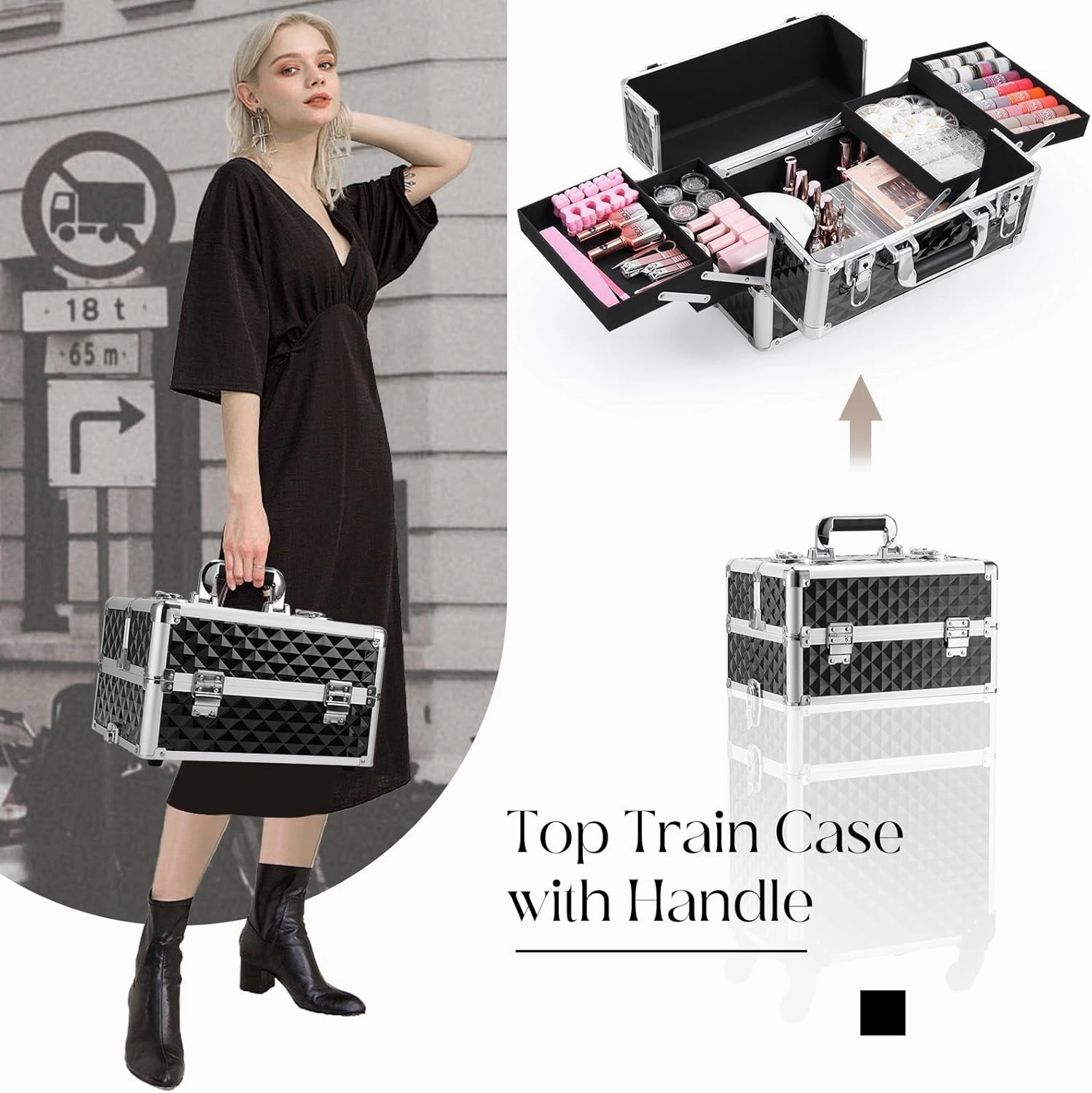 Cosmetology Case on Wheels 3 in 1 Rolling Makeup Train Case Nail Tech Makeup Organizers Storage Cart Cosmetic Trolley Travel Barber Suitcase for Make up Artist Manicure Hair Lockable, Black