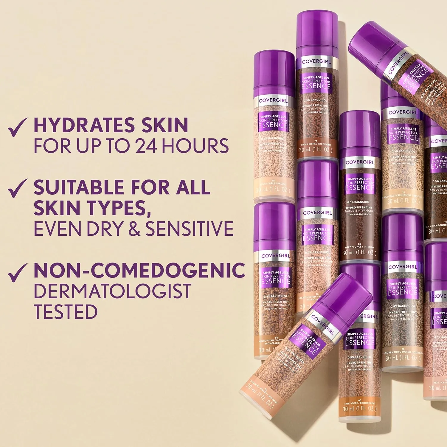 Covergirl Simply Ageless Skin Perfector Essence Foundation, 60 Tan, Tinted Skin Perfector, Skincare Makeup Hybrid, Sheer Tint, Radiant Finish, Skin-Like Finish, Vegan Formula, 1.0oz