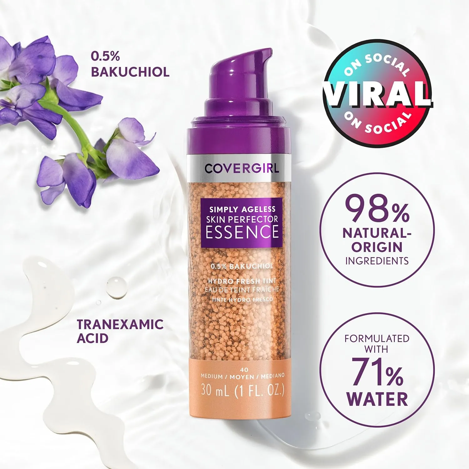 Covergirl Simply Ageless Skin Perfector Essence Foundation, 60 Tan, Tinted Skin Perfector, Skincare Makeup Hybrid, Sheer Tint, Radiant Finish, Skin-Like Finish, Vegan Formula, 1.0oz
