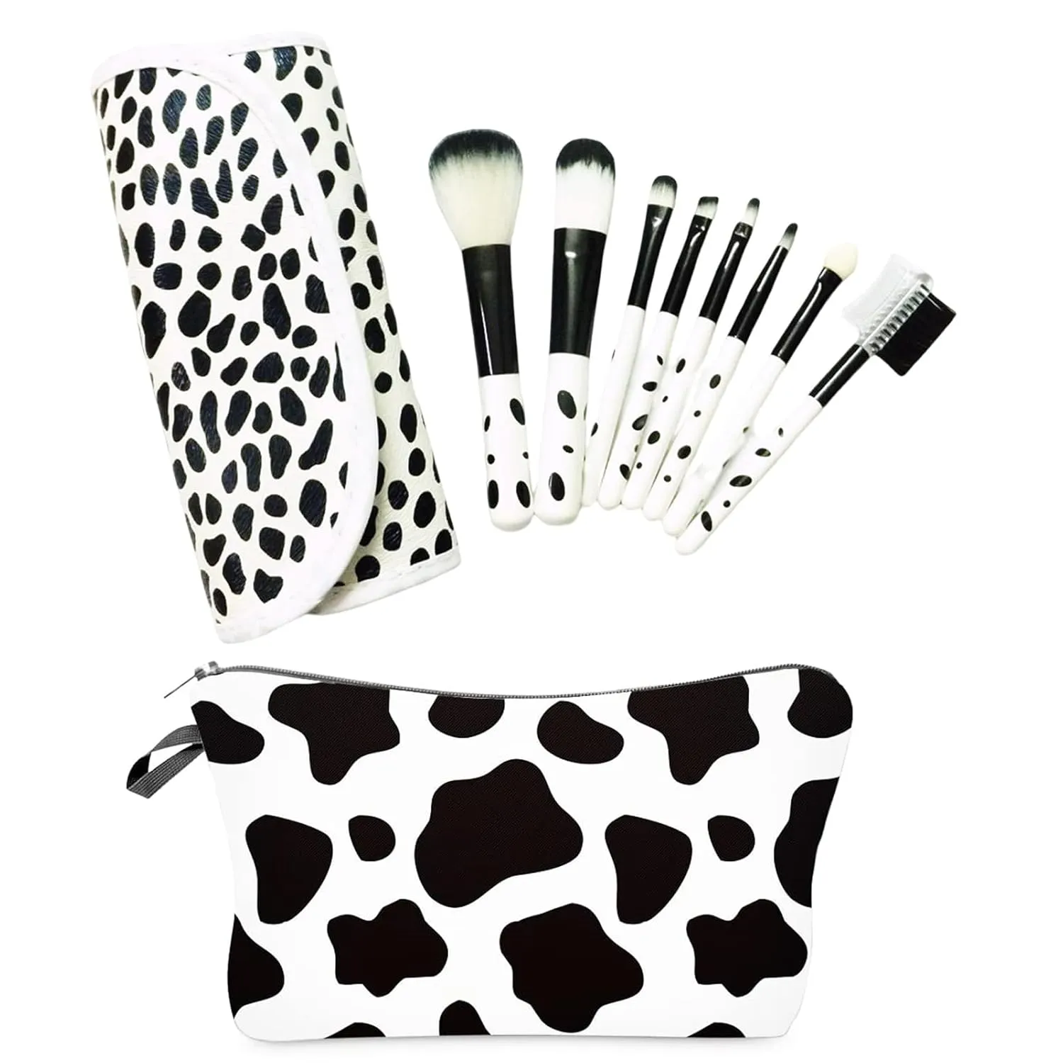 Cow Print Makeup Brushes, 8Pcs Women's Travel Makeup Brush With Organizer Case, Portable Face Eyebrow Lip Brush Set Waterproof Cosmetic Bag (Cow Print Makeup Brushes)
