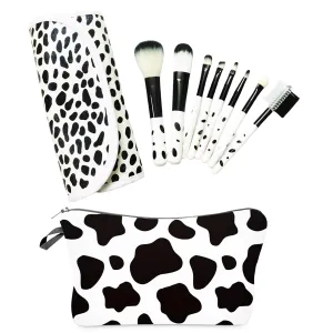 Cow Print Makeup Brushes, 8Pcs Women's Travel Makeup Brush With Organizer Case, Portable Face Eyebrow Lip Brush Set Waterproof Cosmetic Bag (Cow Print Makeup Brushes)