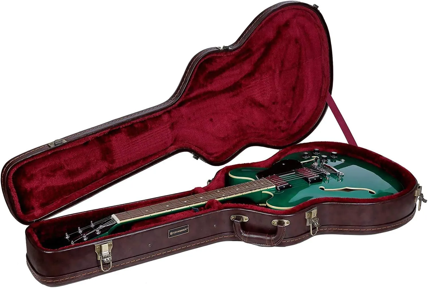 Crossrock Case - Hard-Shell Wooden Guitar Case - Fits 335 Electric Guitars - Stainless Steel Latches, Sponge Lining, Metal Feet, Storage Space - Vintage Brown