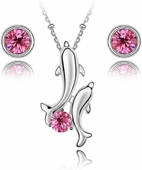 Crystalline Azuria 18K White Gold Plated Jewelry Set Crystals Dolphin Pendant Necklace 18 inches Stud Earrings for Women