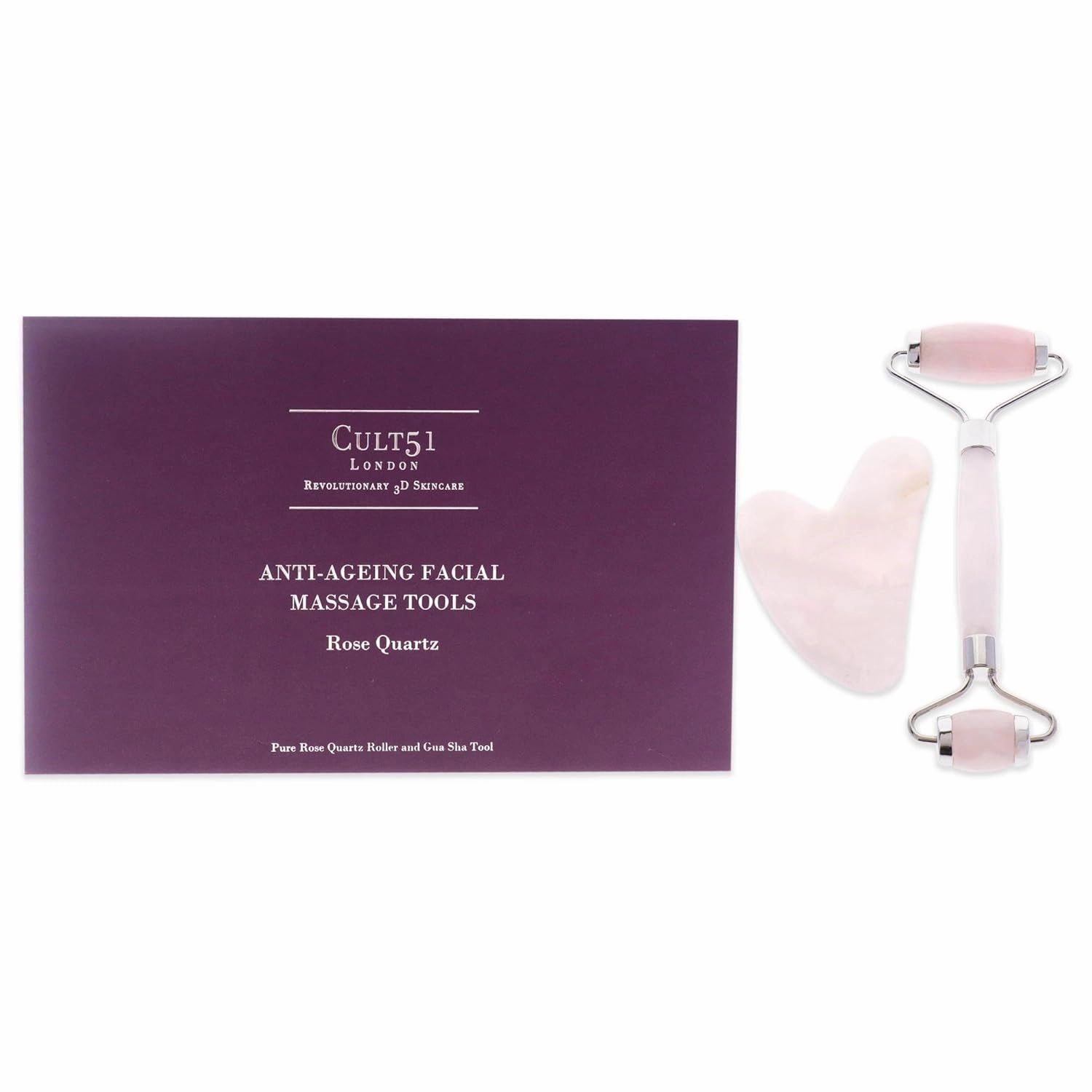 CULT51 Anti-Ageing Facial Massage Tools - Helps Restore Your Perfect, Beautiful Skin While Eliminating Wrinkles - A Crystal That Soothes The Skin And Mind - Double-Ended Roller - Rose Quartz - 2 Pc