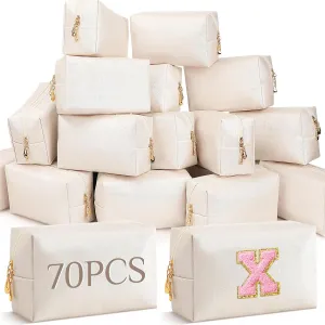 Cunno 70 Pcs Aesthetic Makeup Bags Bulk PU Leather DIY Cosmetic Pouches Plain Makeup Pouches Preppy Waterproof Toiletry Bags for Women Party Gift Travel Storage Cosmetic Organizer